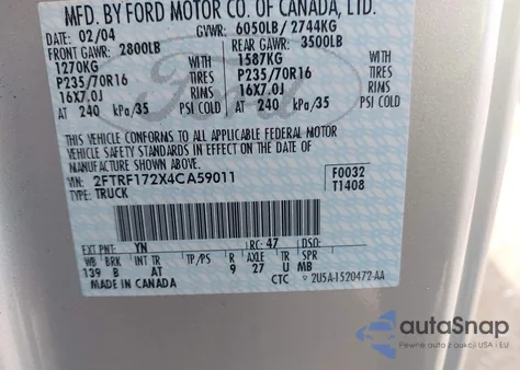 2004 Ford F-150 Heritage Xl/Xlt из США, поврежденный, VIN 2FTRF172X4CA59011